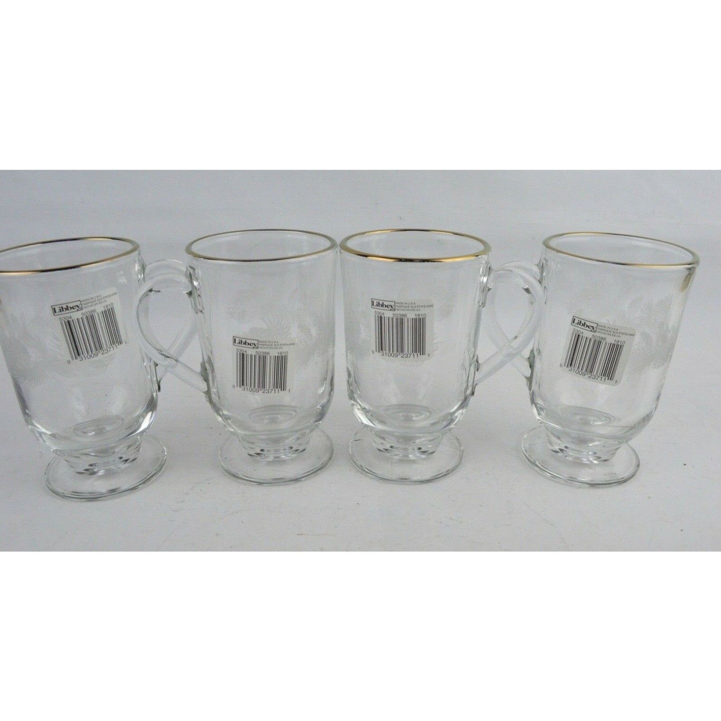 Set x4 Libbey Crystal Glass Clear Coffee Mug Cup Etched Ribbed Irish Made USA