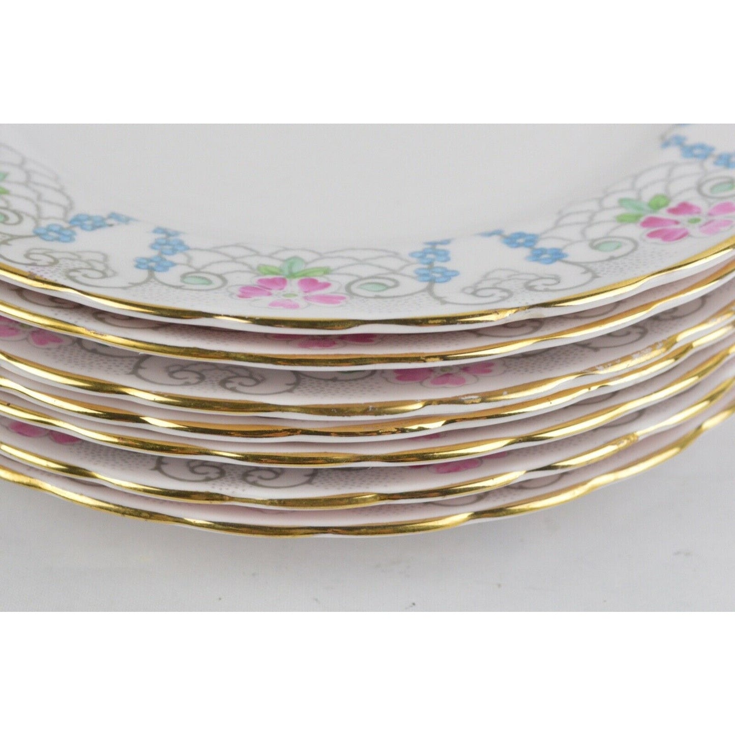 Set 7x Salad Plates Vintage Tuscan Fine English Bone Pink Rose Gold Trim England