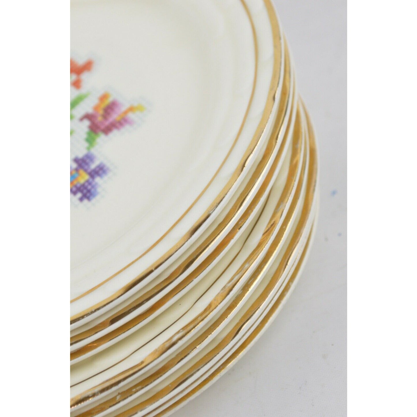 Set 20 By Stetson Air Flow Fly Weight Floral Bowl Soup Plates Gold Trim Made USA