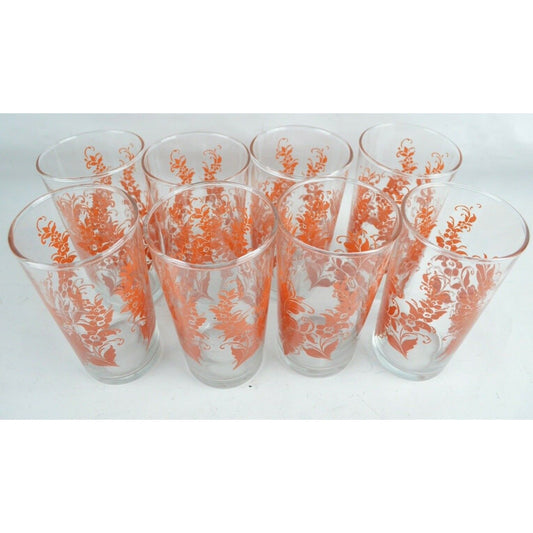 Set x8 Beverage Glasses Vintage Retro Anchor Hocking 12oz Escort Orange Flower