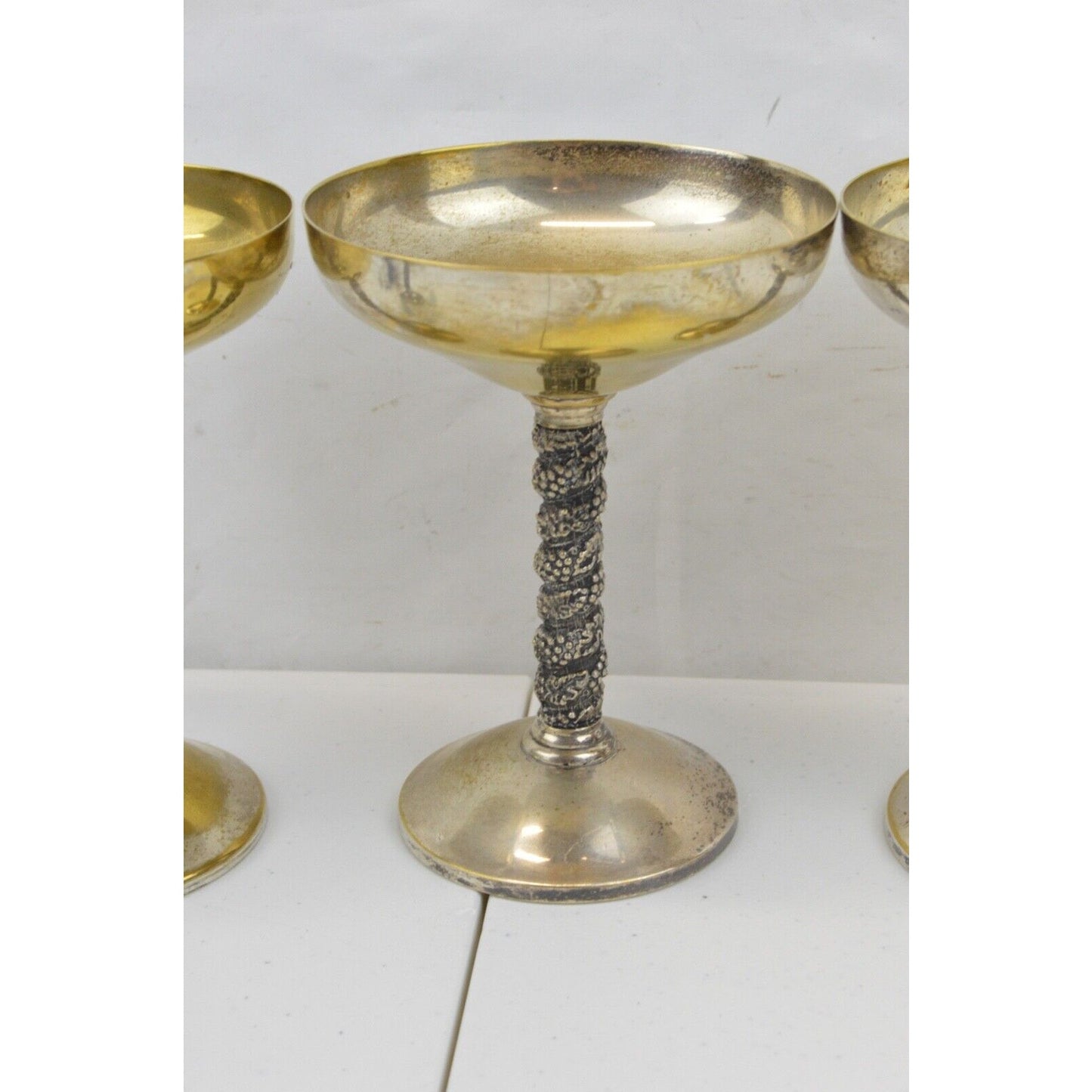 Set Vintage Brass Silverplated Champagne Glass Goblets Cup Roma SL Madrid Spain