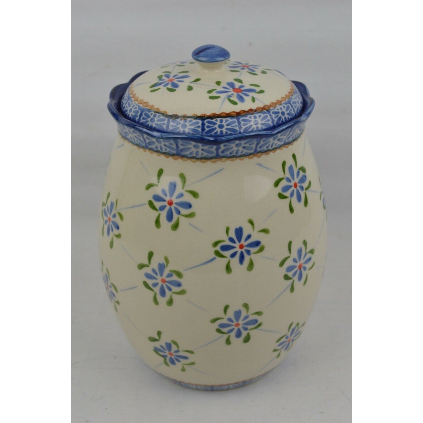 Ceramic Canister Cookie Jar Temptations Trellis By Tona 2.0 QT Blue Floral