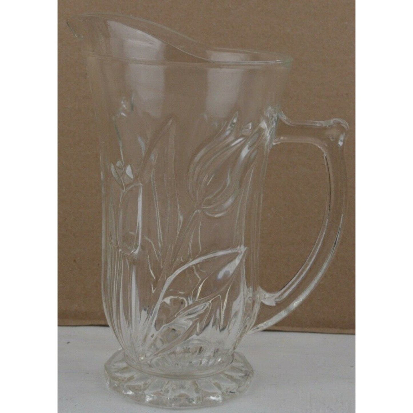 TY Clear Glass Pitcher Tankard Engraved Flowers