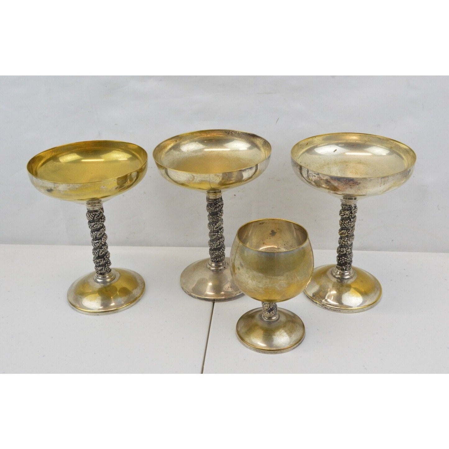 Set Vintage Brass Silverplated Champagne Glass Goblets Cup Roma SL Madrid Spain