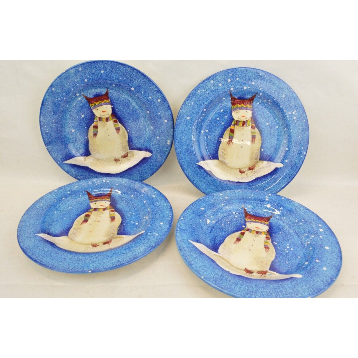 Set Of 4x Salad Plates Sakura Table Snowman Christmas Ceramic Blue Debbie Taylor