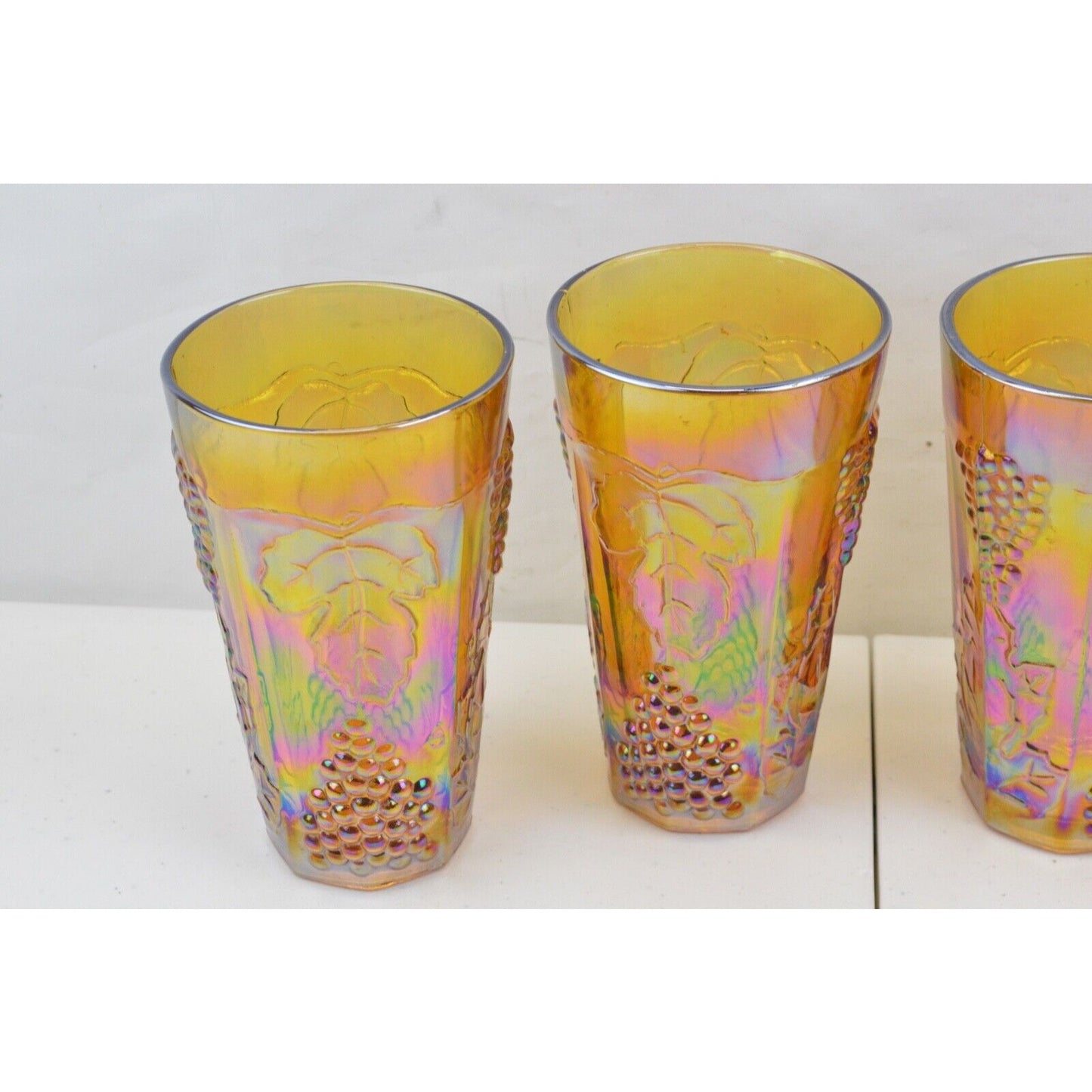 Set 4x Drinking Glasses Glass Vintage Indiana Harvest Grape Marigold Carnival