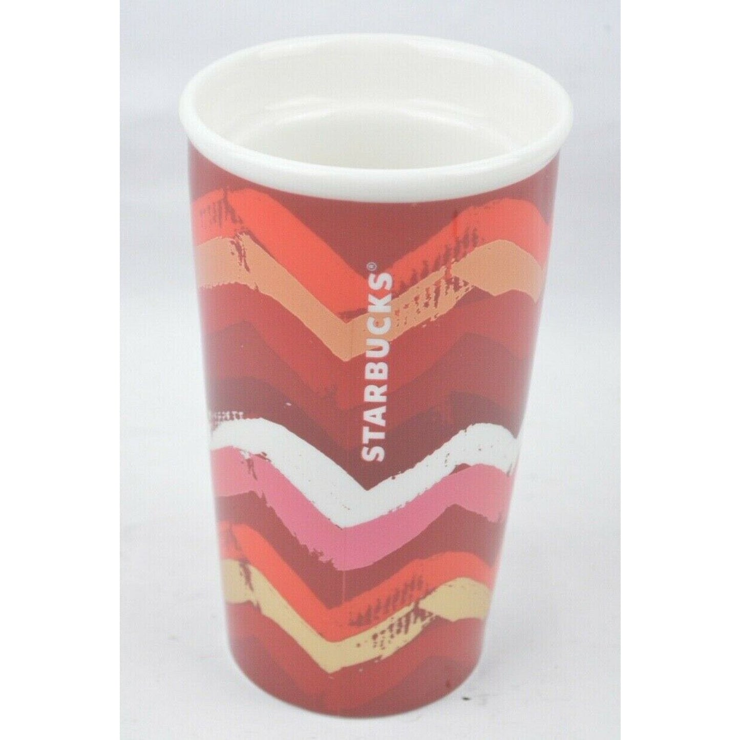 Ceramic Coffee Tumbler Mug Starbucks 2014 Red Chevron Zig Zag Travel 10oz