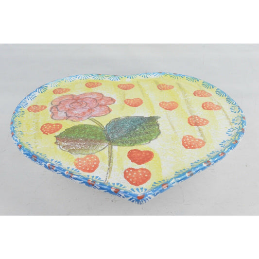 Heart Shape Ceramic Cake Pedestal Stand Hand Painted Made In Italy Rose Flower