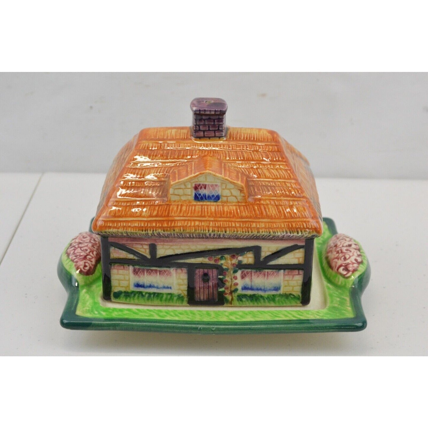 Marutomo Ware Farm House Butter Cheese Dish Keeper Canister Hand Painted Japan