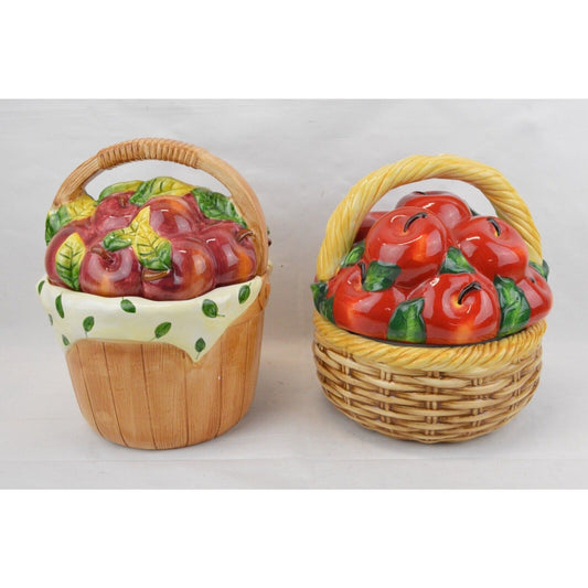 Set Of 2x Ceramic Apple Basket Cookie Jar Canister Red Harvest 3D