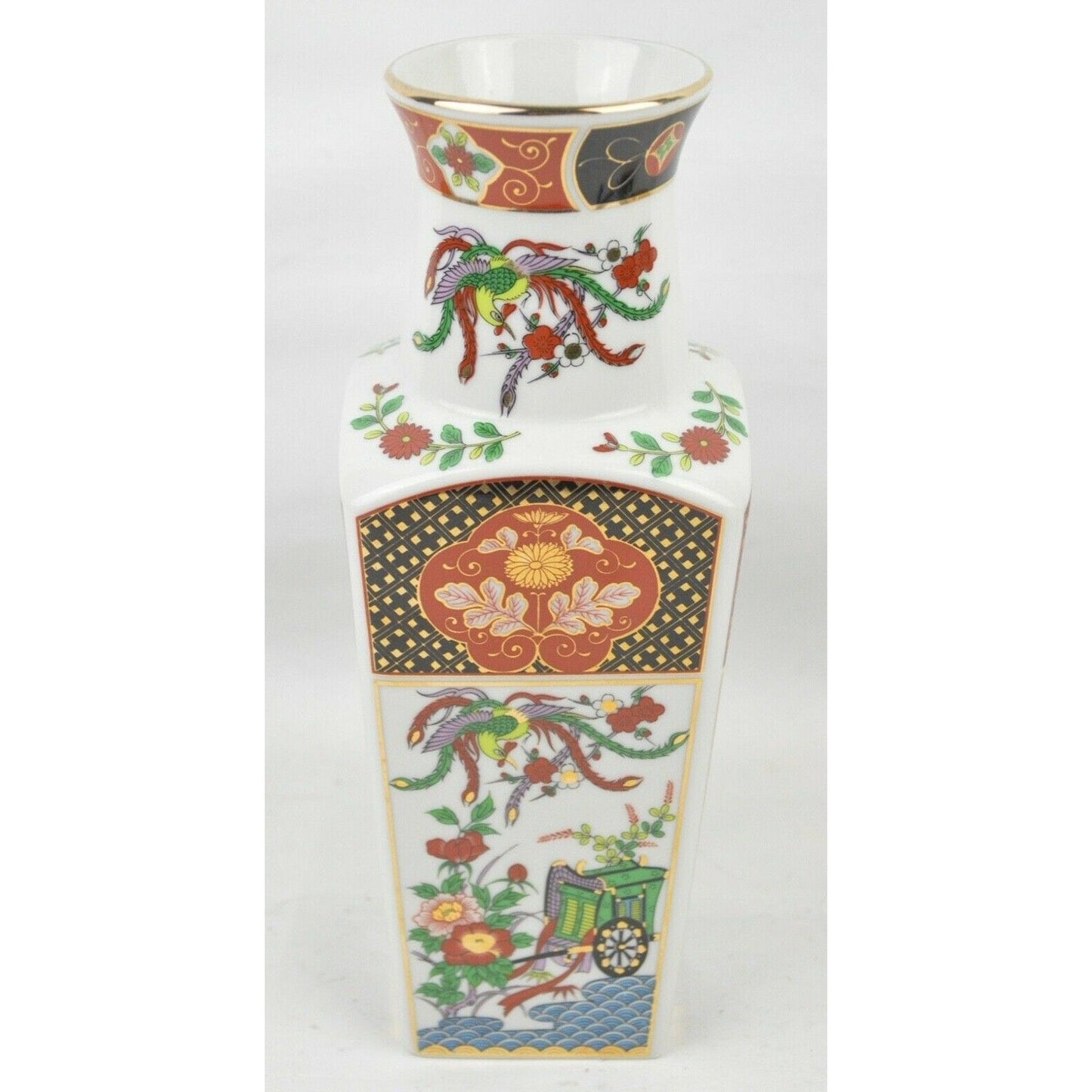 Vintage Japanese Sakura IMARI Ware Handcrafted Porcelain Floral Square Vase 10"