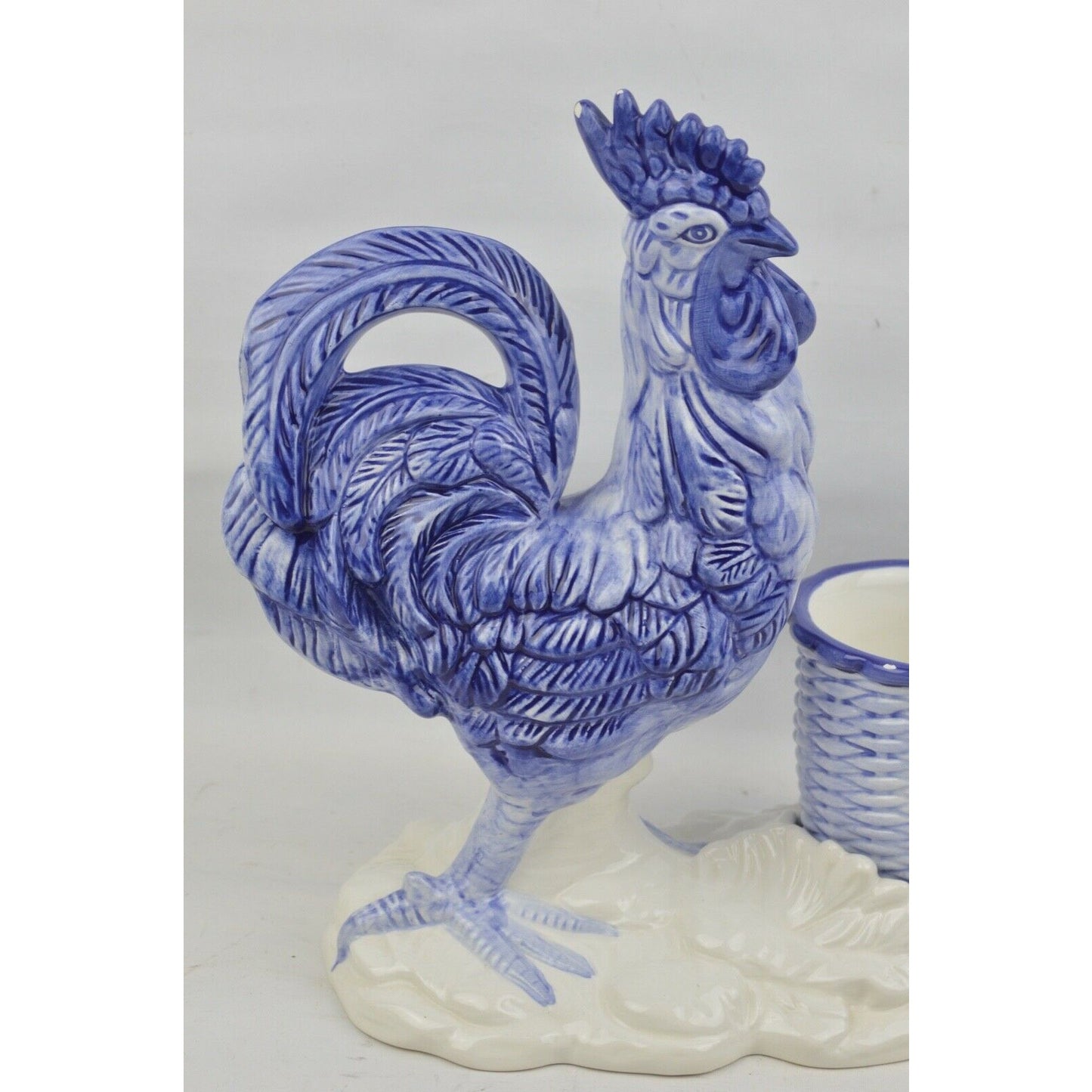 Seymour Mann Inc Blue Rooster Basket Hand Painted Faience Ceramic Rare