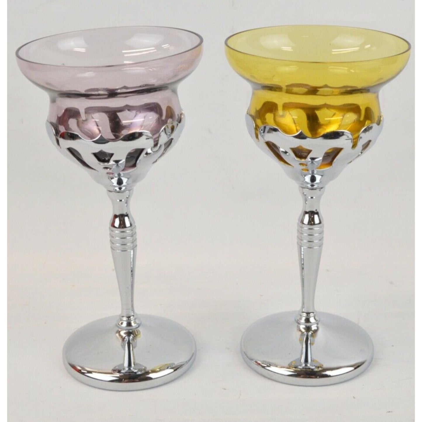 Set 2x Vintage Cambridge Farberware Bros NYC Chrome Stemmed Cocktail Glass