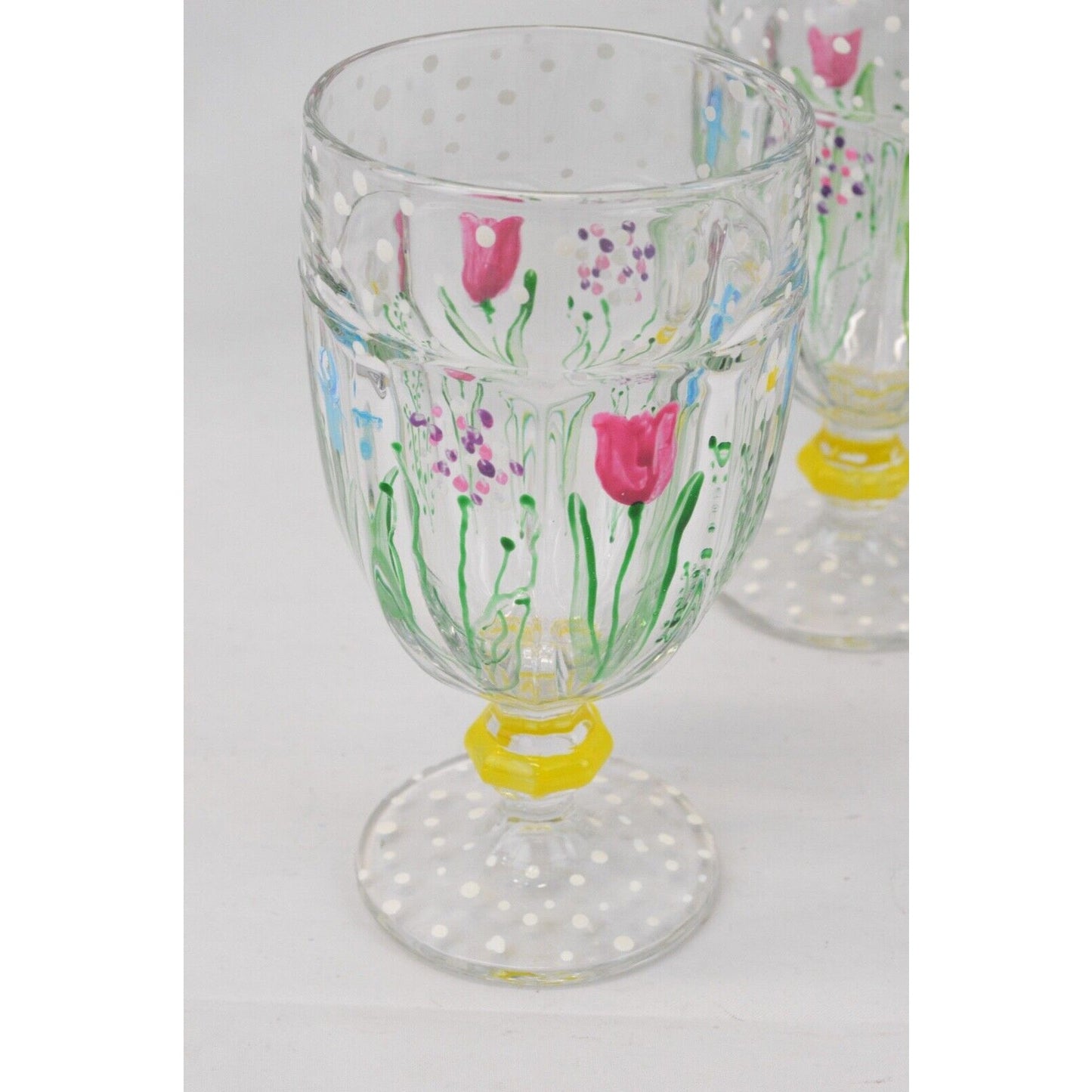 Set Of 3x Libbey Duratuff Hand Painted Floral Goblet Drinking Glass USA Daisies