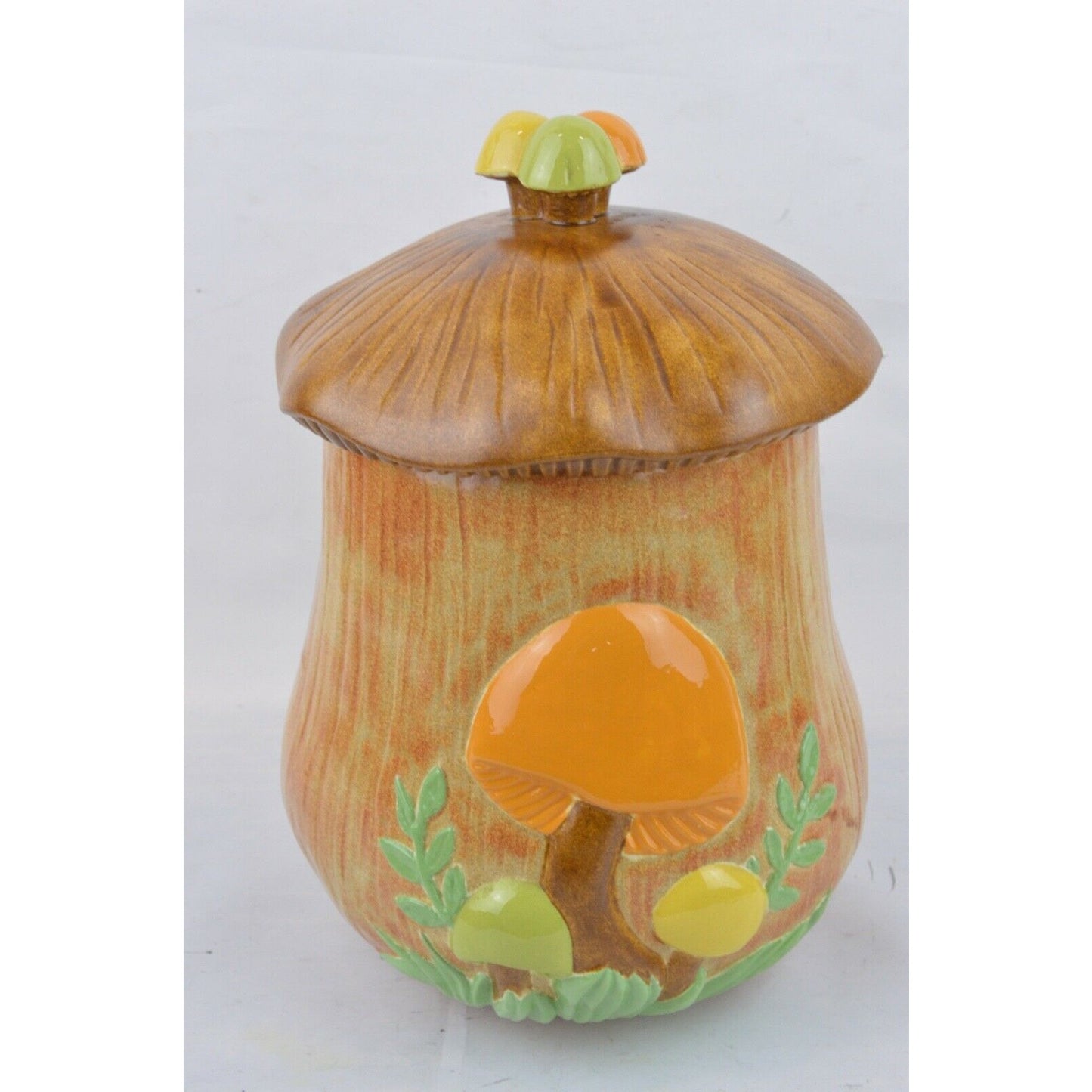 Set Of x2 Arnel's Glazed Ceramic Mushroom Canister Cookie Jar 3D Yellow Tan