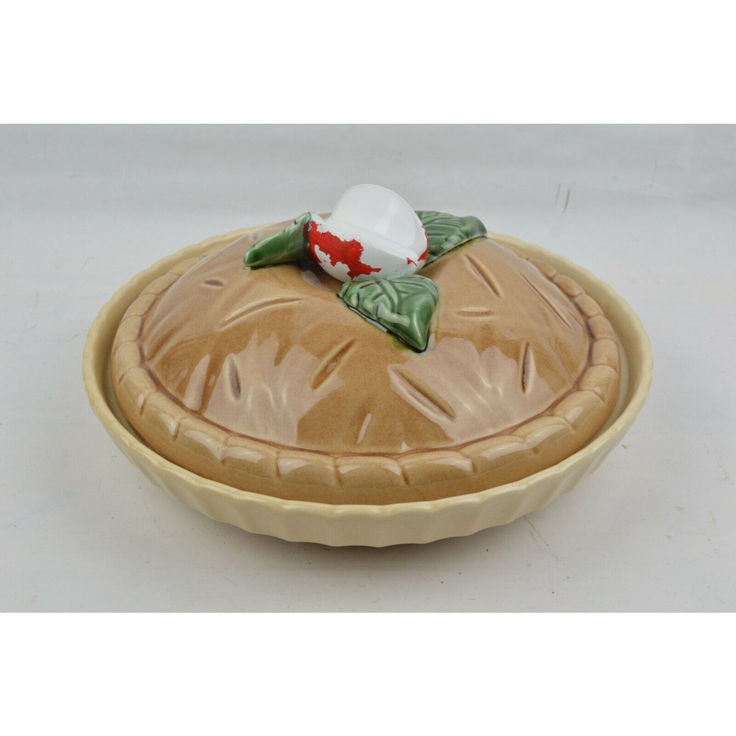 Ceramic Bake Dish Plate Keeper Strawberry Shape Pie Cover Lid Oven Brown Tan