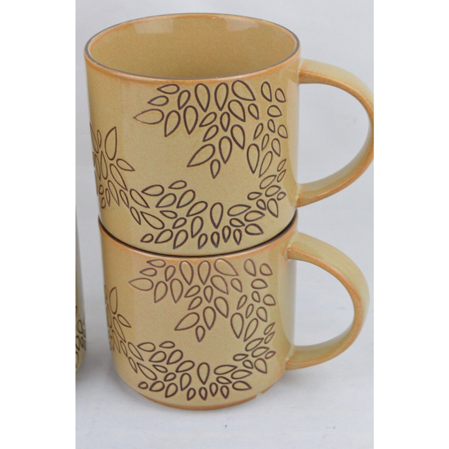 Set Of 4x Coffee Mug Cup Starbucks 2013 Brown Tan Engraved Leaves 14oz Ceramic