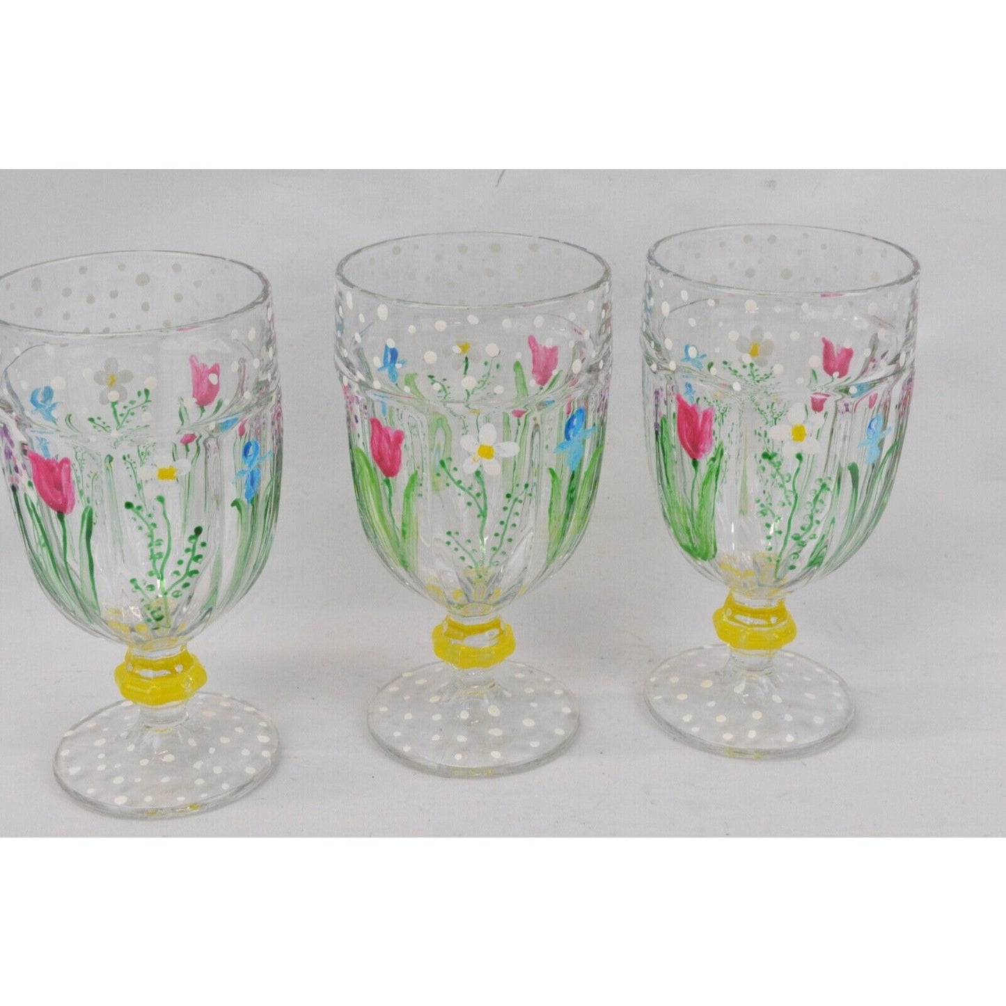 Set Of 3x Libbey Duratuff Hand Painted Floral Goblet Drinking Glass USA Daisies