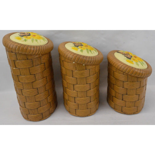 Set 3x Ceramic Cookie Jar Canister Bamboo Weave Basket Sun Flower Butterfly 3D