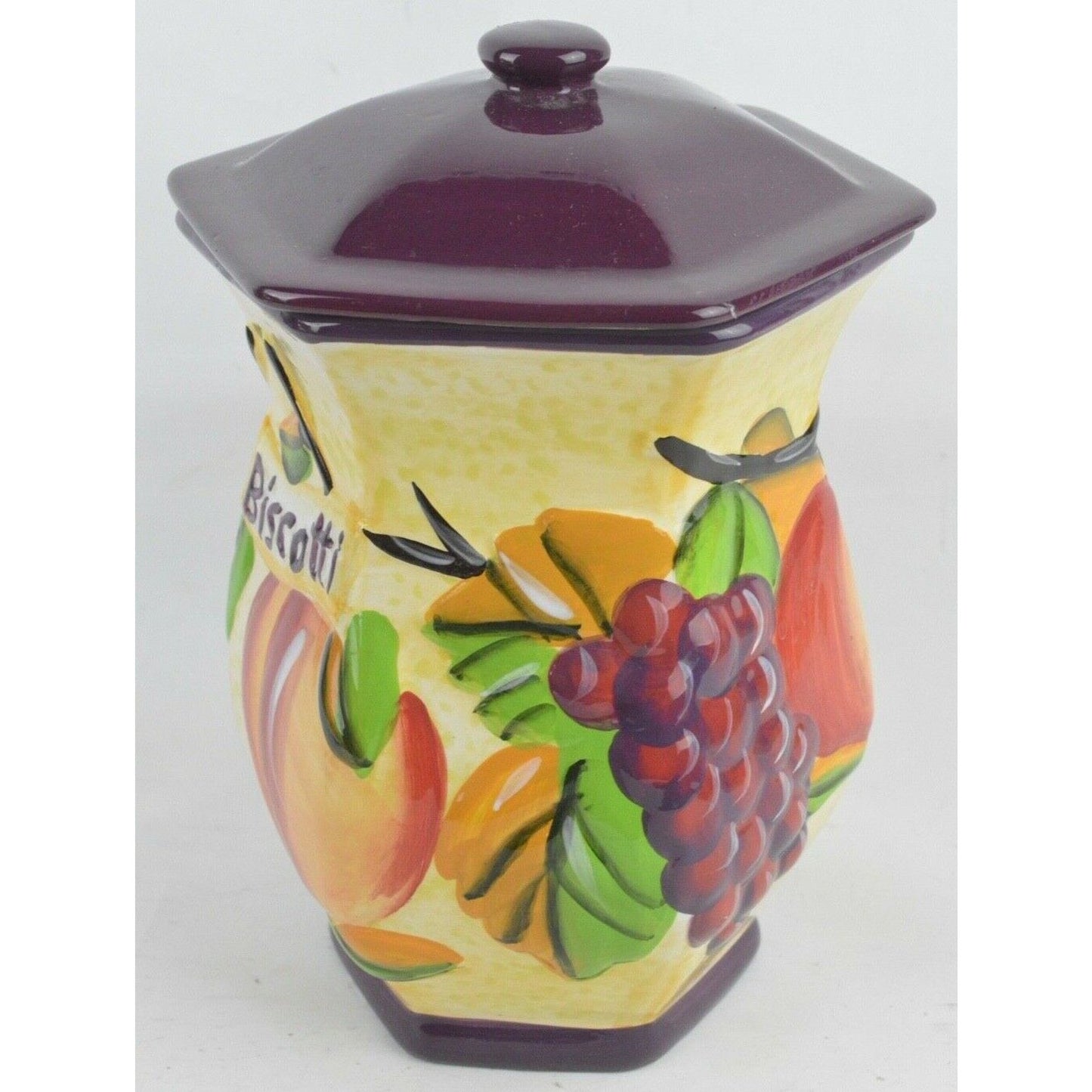 Biscotti Fruit Ceramic Cookie Canister Jar Hand Painted NONNI'S Purple Colorful