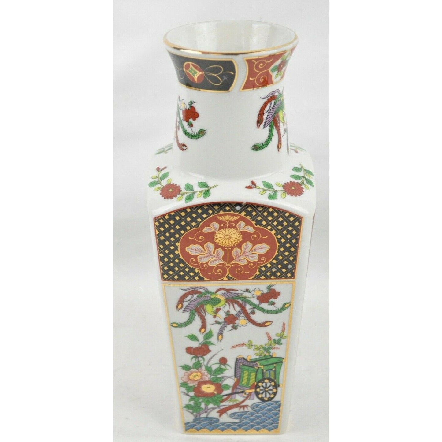 Vintage Japanese Sakura IMARI Ware Handcrafted Porcelain Floral Square Vase 10"