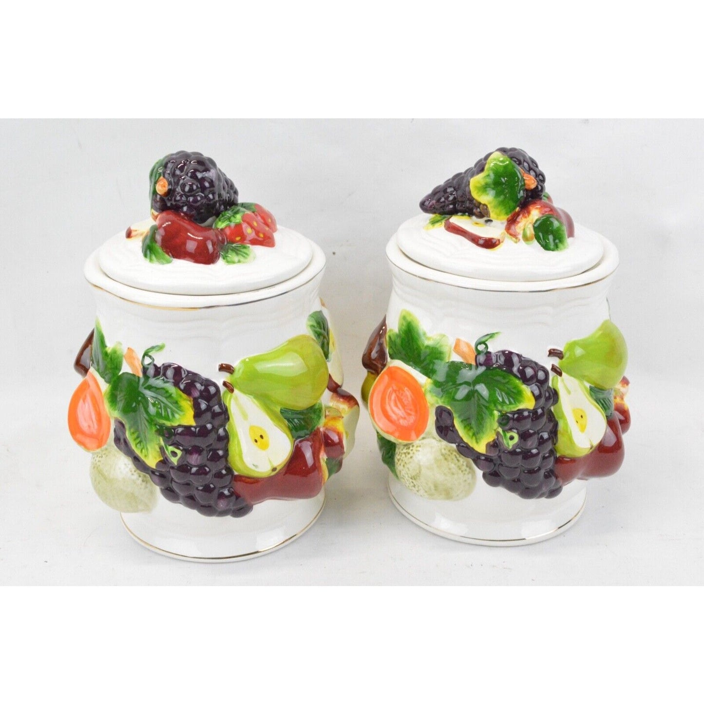 Set Of 2x Ceramic Canister Cookie Jar Vintage KMC Retro 3D Fruit Pattern Apples