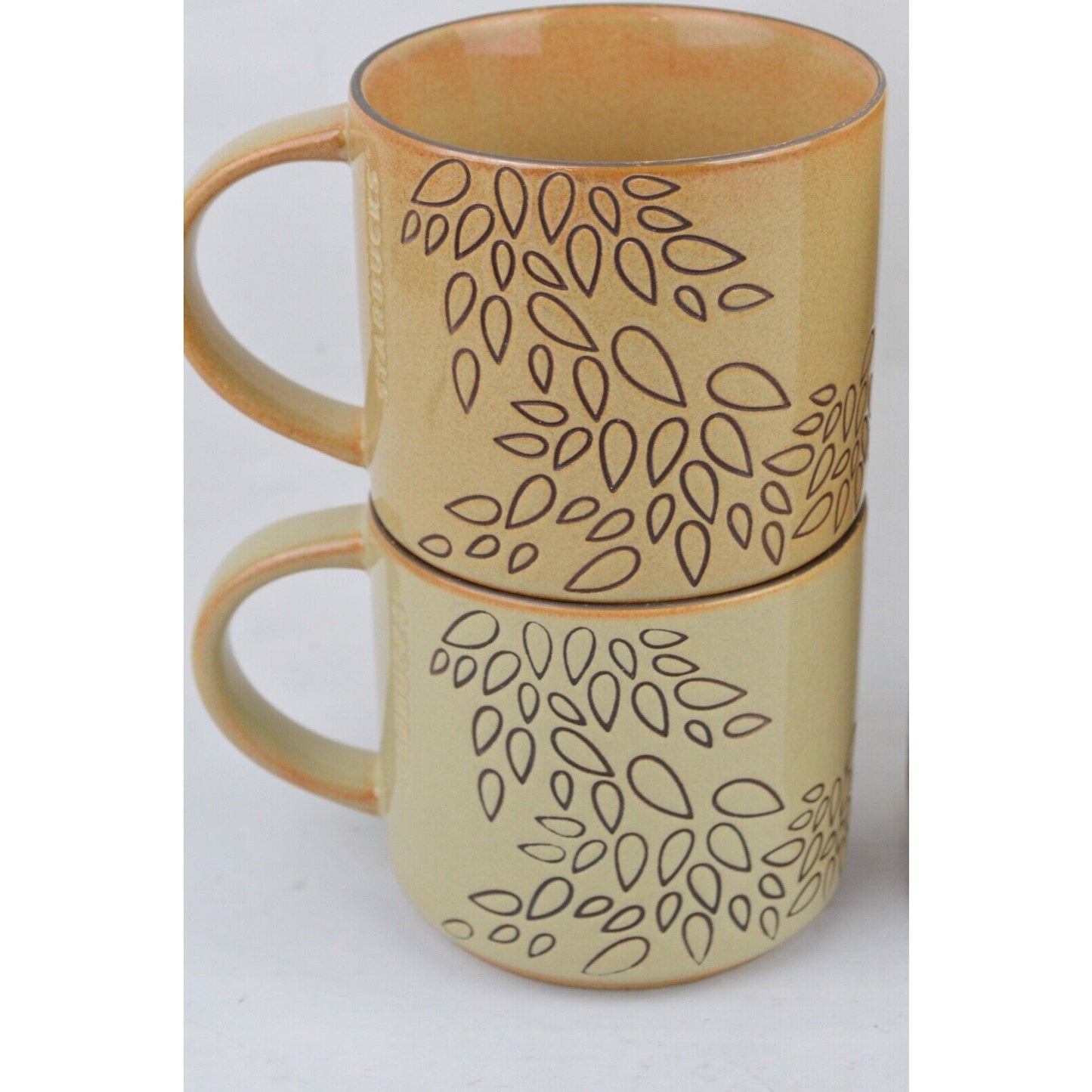 Set Of 4x Coffee Mug Cup Starbucks 2013 Brown Tan Engraved Leaves 14oz Ceramic