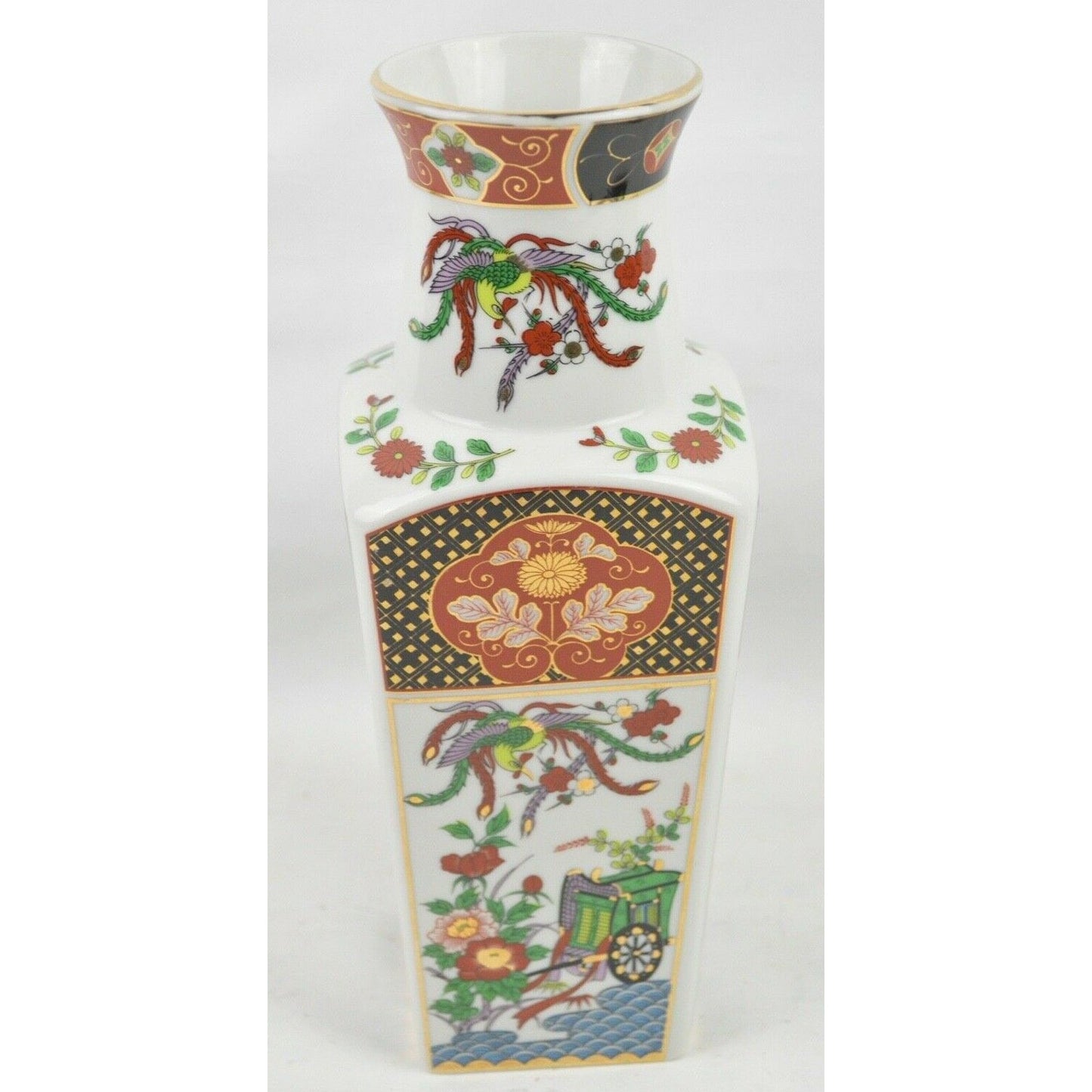 Vintage Japanese Sakura IMARI Ware Handcrafted Porcelain Floral Square Vase 10"