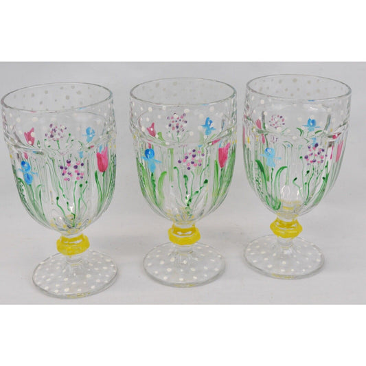 Set Of 3x Libbey Duratuff Hand Painted Floral Goblet Drinking Glass USA Daisies