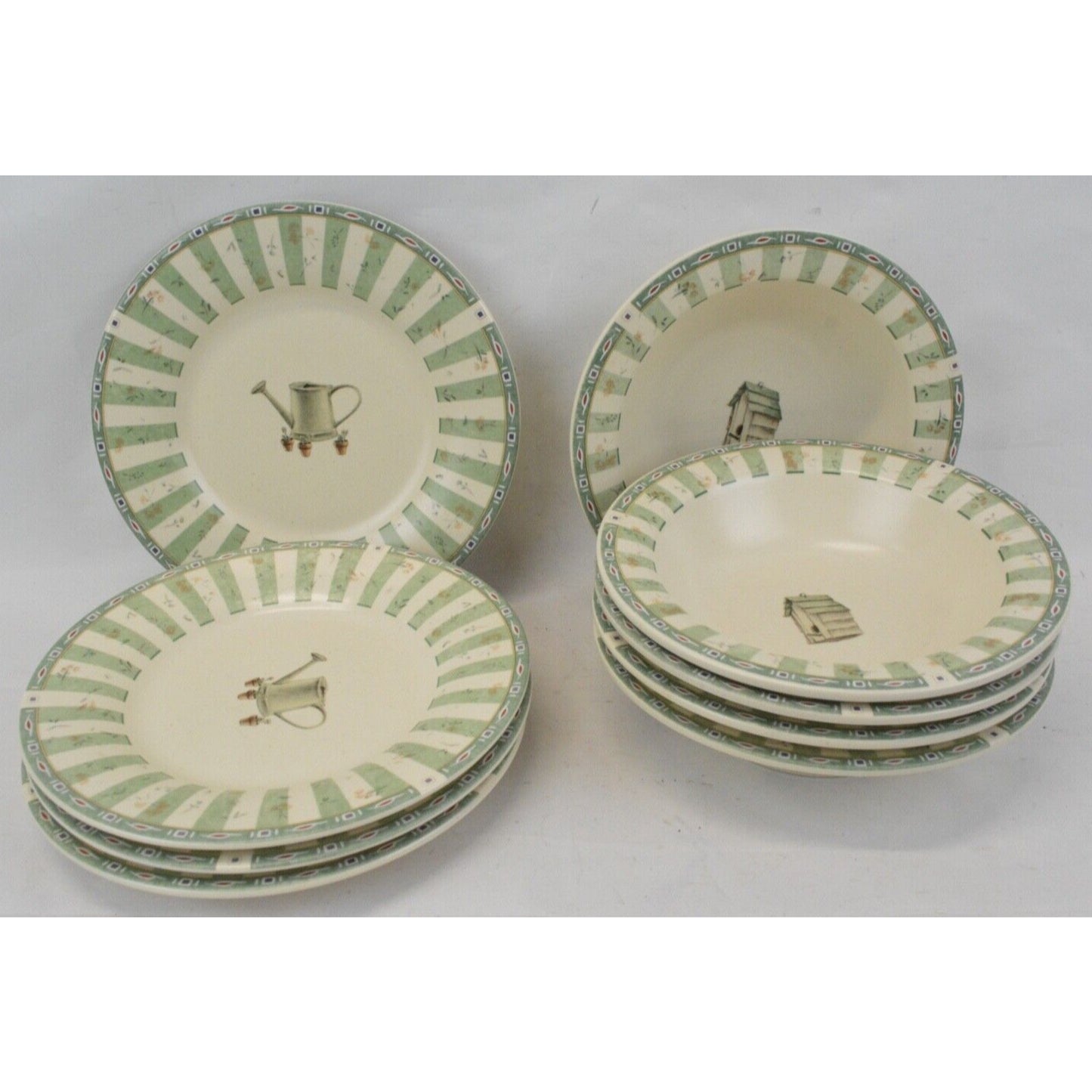 Set 9 Salad Plates Bowls Portfolio Pfaltzgraff Naturewood Birdhouse Watering Can