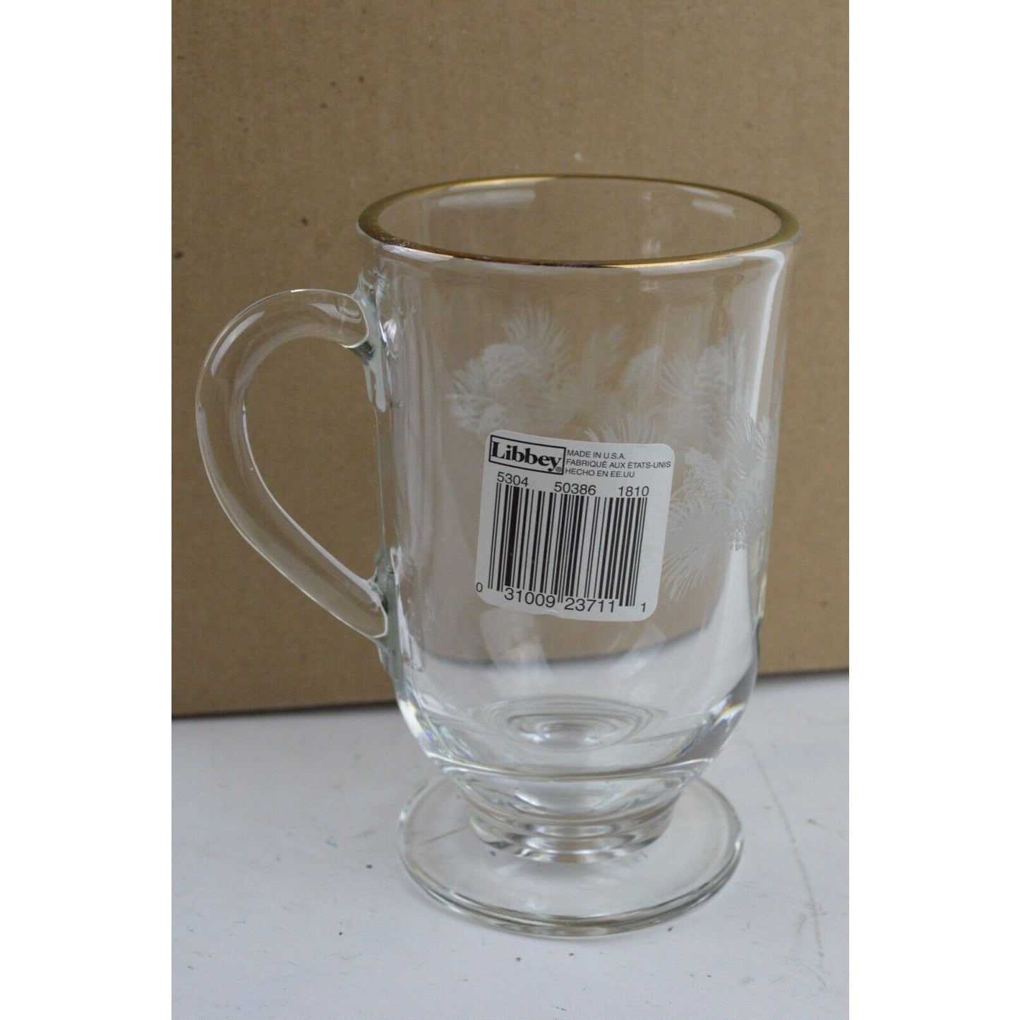 Set x4 Libbey Crystal Glass Clear Coffee Mug Cup Etched Ribbed Irish Made USA