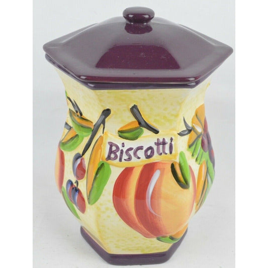 Biscotti Fruit Ceramic Cookie Canister Jar Hand Painted NONNI'S Purple Colorful