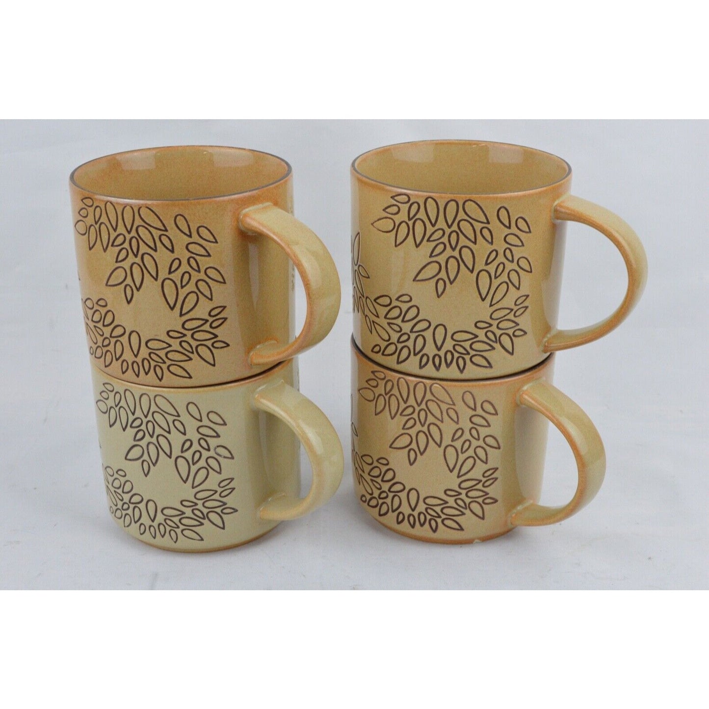 Set Of 4x Coffee Mug Cup Starbucks 2013 Brown Tan Engraved Leaves 14oz Ceramic