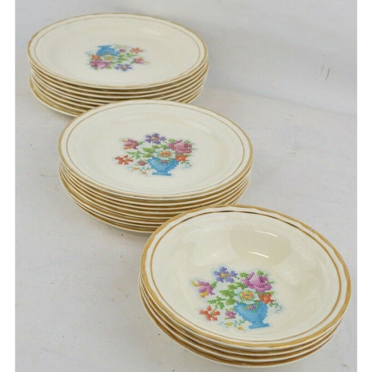 Set 20 By Stetson Air Flow Fly Weight Floral Bowl Soup Plates Gold Trim Made USA