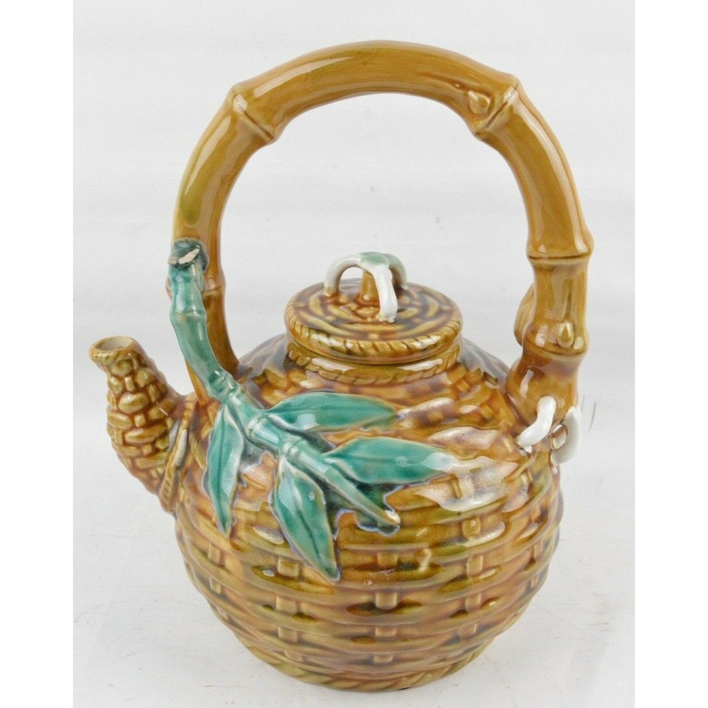 Vintage Tea Pot Chinese Pottery Weaved Majolica Style Basket Weave Bamboo 3D