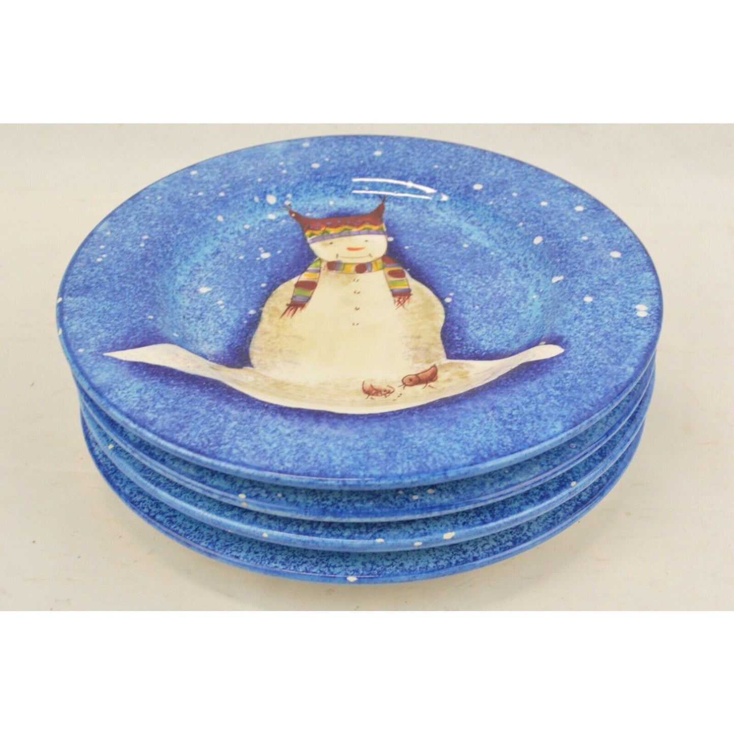 Set Of 4x Salad Plates Sakura Table Snowman Christmas Ceramic Blue Debbie Taylor