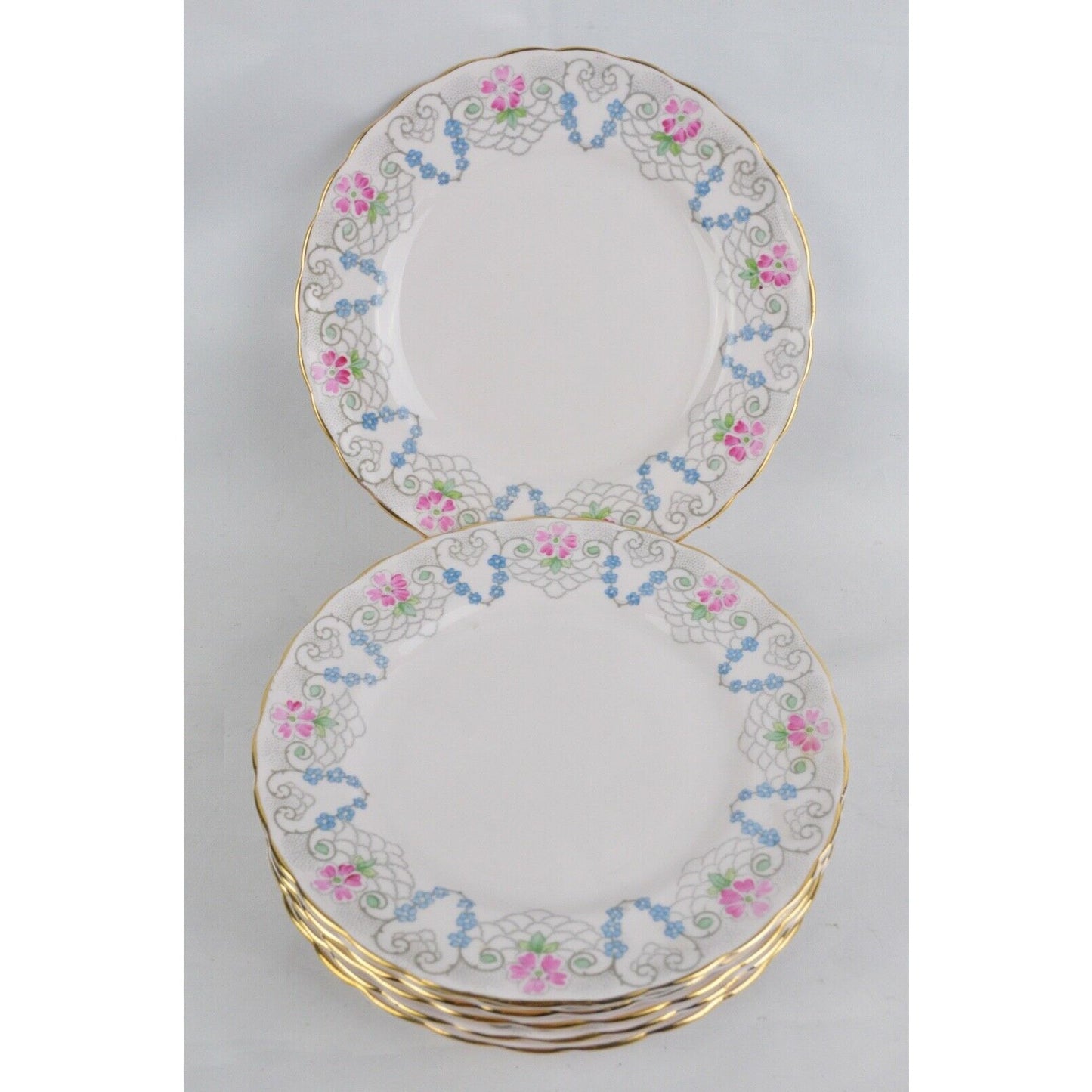 Set 7x Salad Plates Vintage Tuscan Fine English Bone Pink Rose Gold Trim England