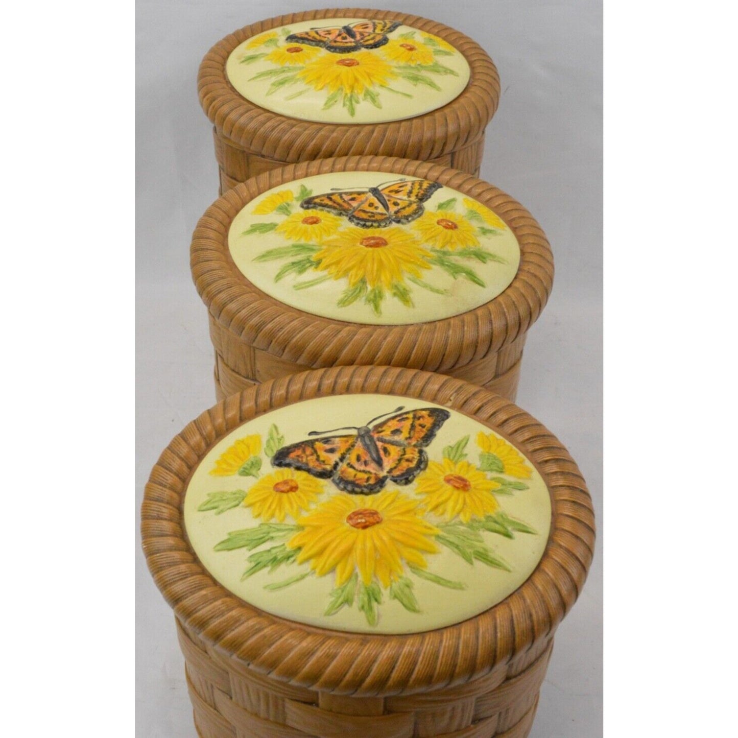 Set 3x Ceramic Cookie Jar Canister Bamboo Weave Basket Sun Flower Butterfly 3D