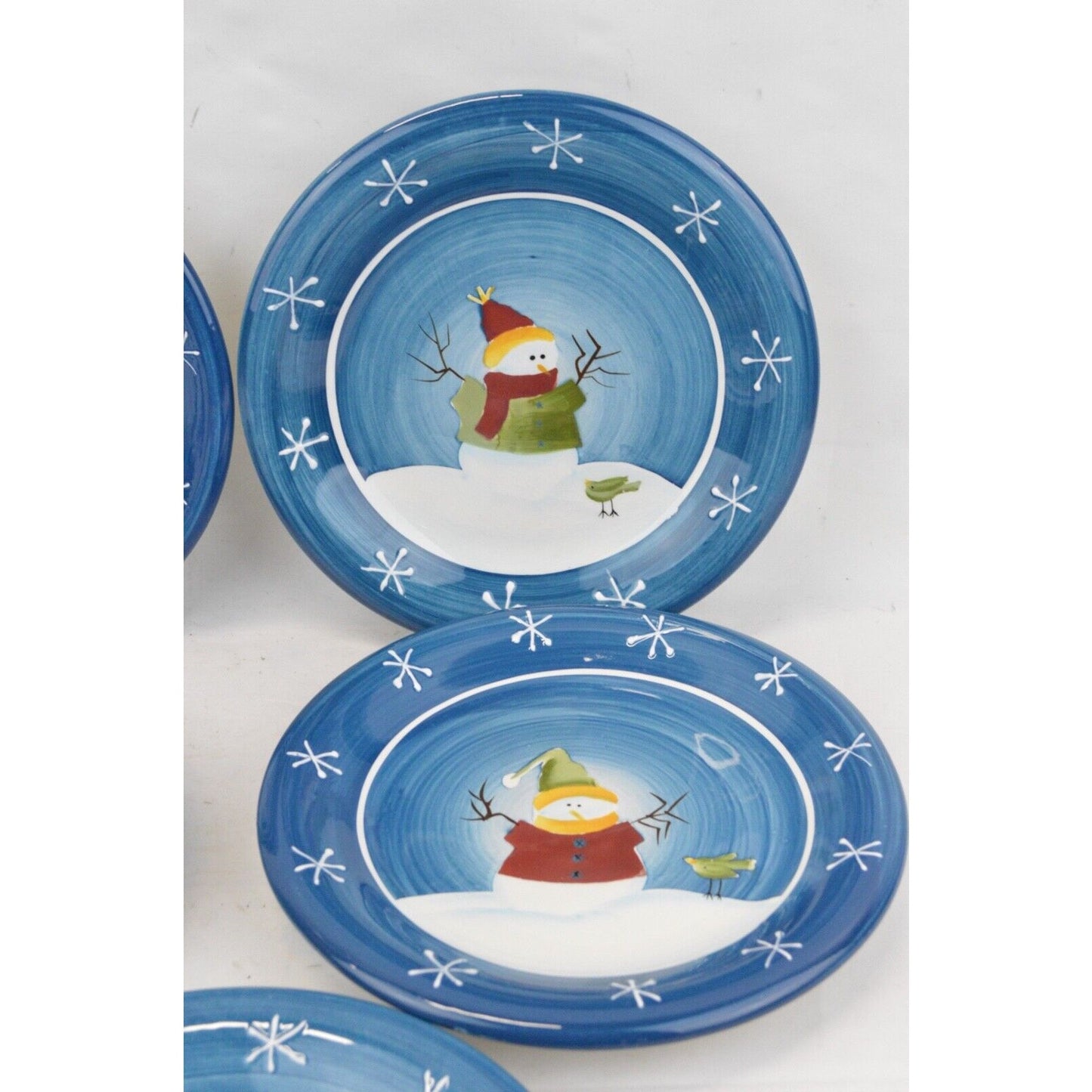 Set Of 5x Sonoma Salad Plates Blue Snowman Embossed Snowflakes Rim SOG18