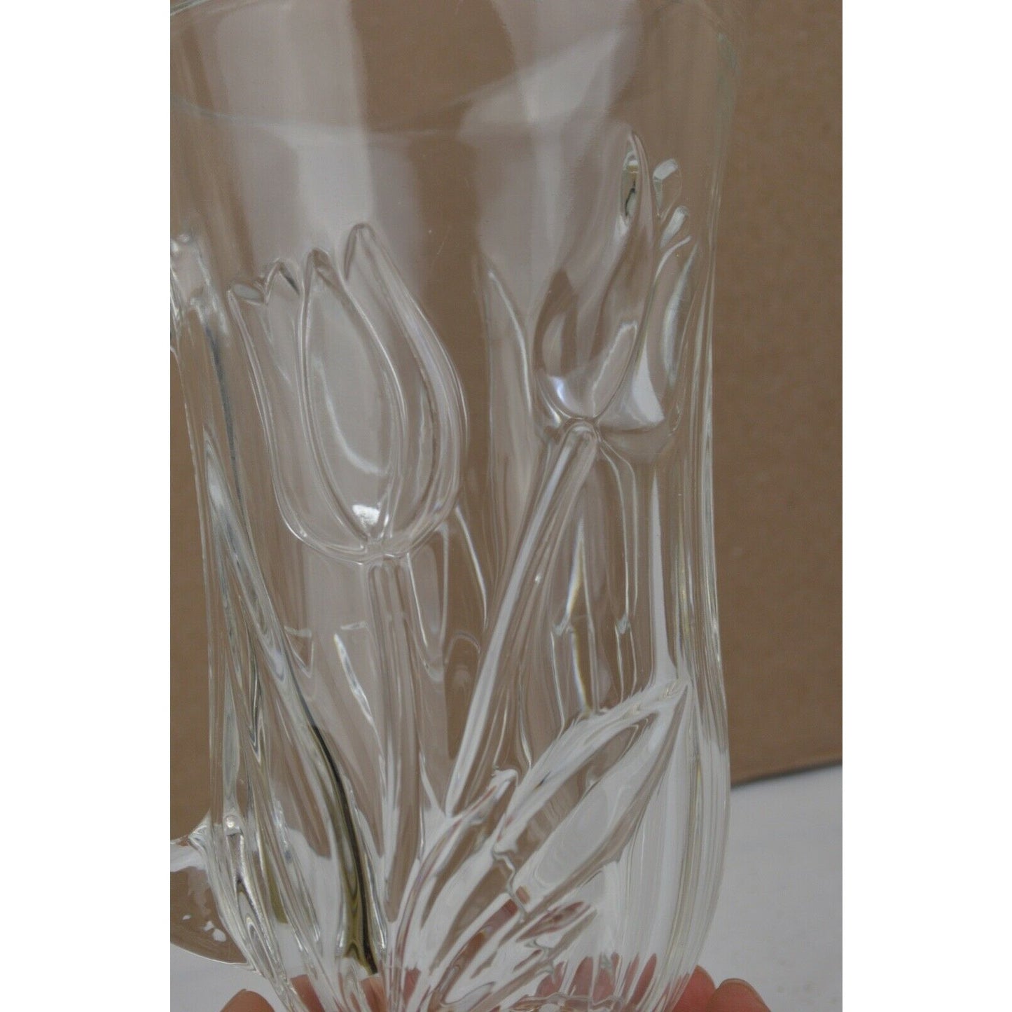 TY Clear Glass Pitcher Tankard Engraved Flowers