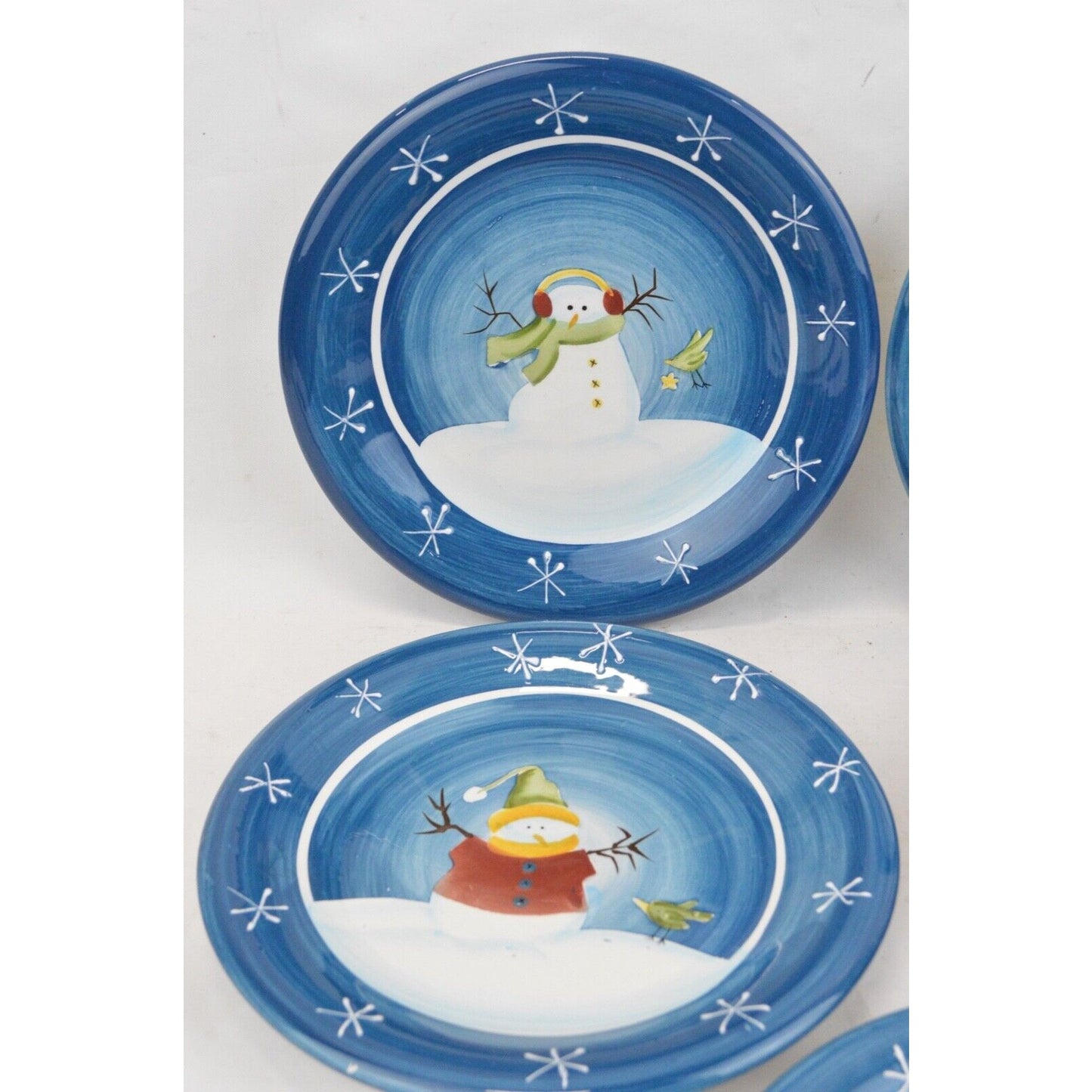 Set Of 5x Sonoma Salad Plates Blue Snowman Embossed Snowflakes Rim SOG18