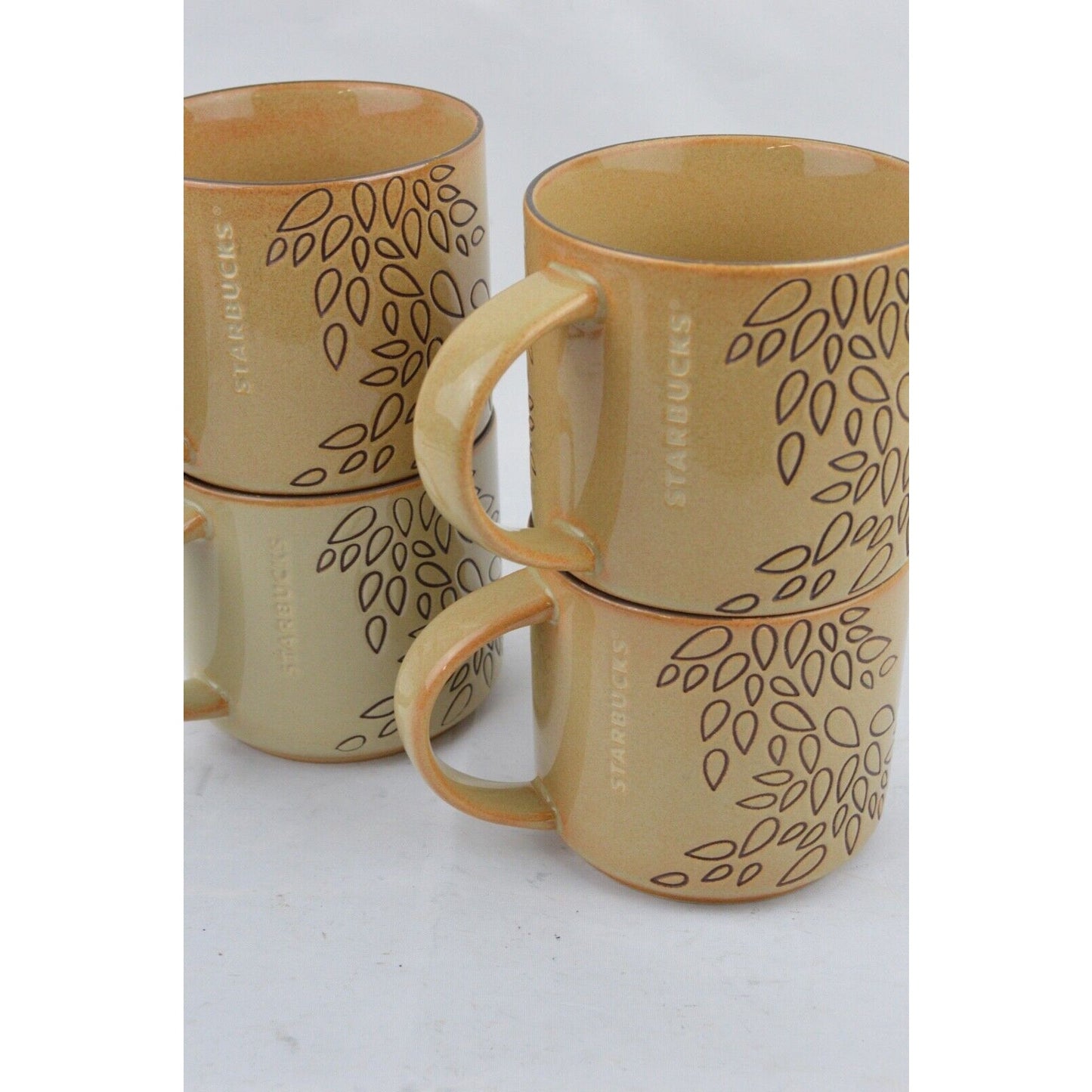 Set Of 4x Coffee Mug Cup Starbucks 2013 Brown Tan Engraved Leaves 14oz Ceramic