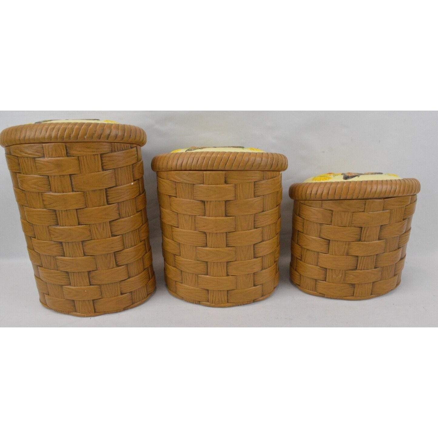 Set 3x Ceramic Cookie Jar Canister Bamboo Weave Basket Sun Flower Butterfly 3D