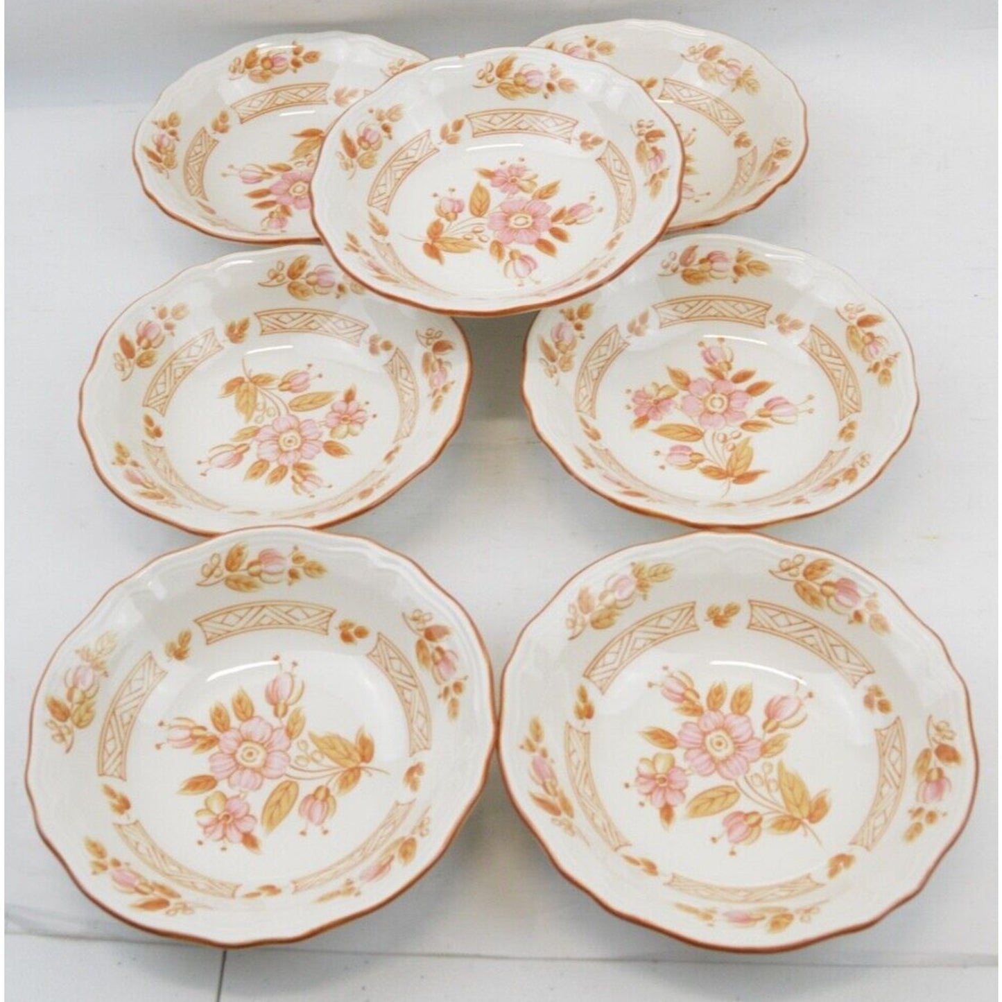 6x Soup Bowl Cereal Wicker Rose IRONSTONE Japan 4243 2-8 Tan Leaves Pink Flowers