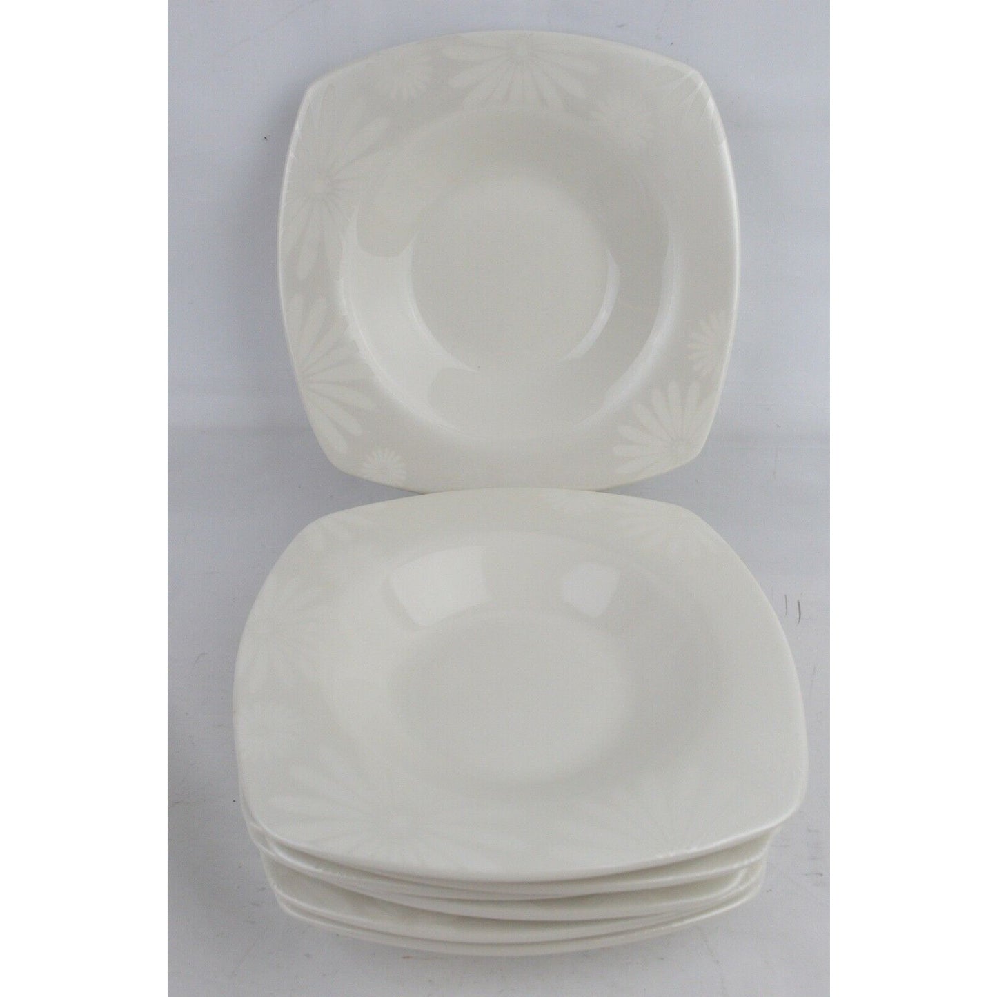 Set x7 Soup Bowl Plates 222 Fifth Alice Platinum Pattern Square White Matte 8''