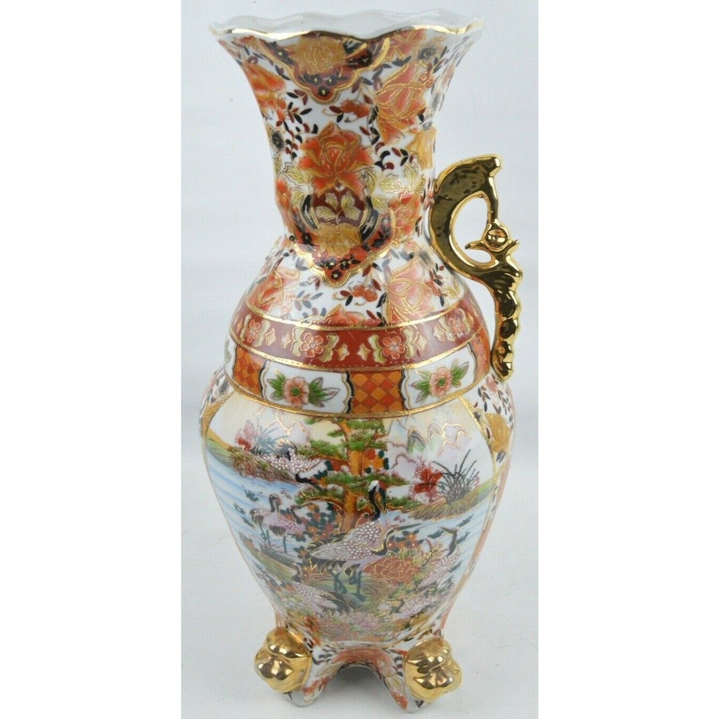 Japanese Moriage Antique Satsuma Vase Handle Floral Gold Trim Garden Made China