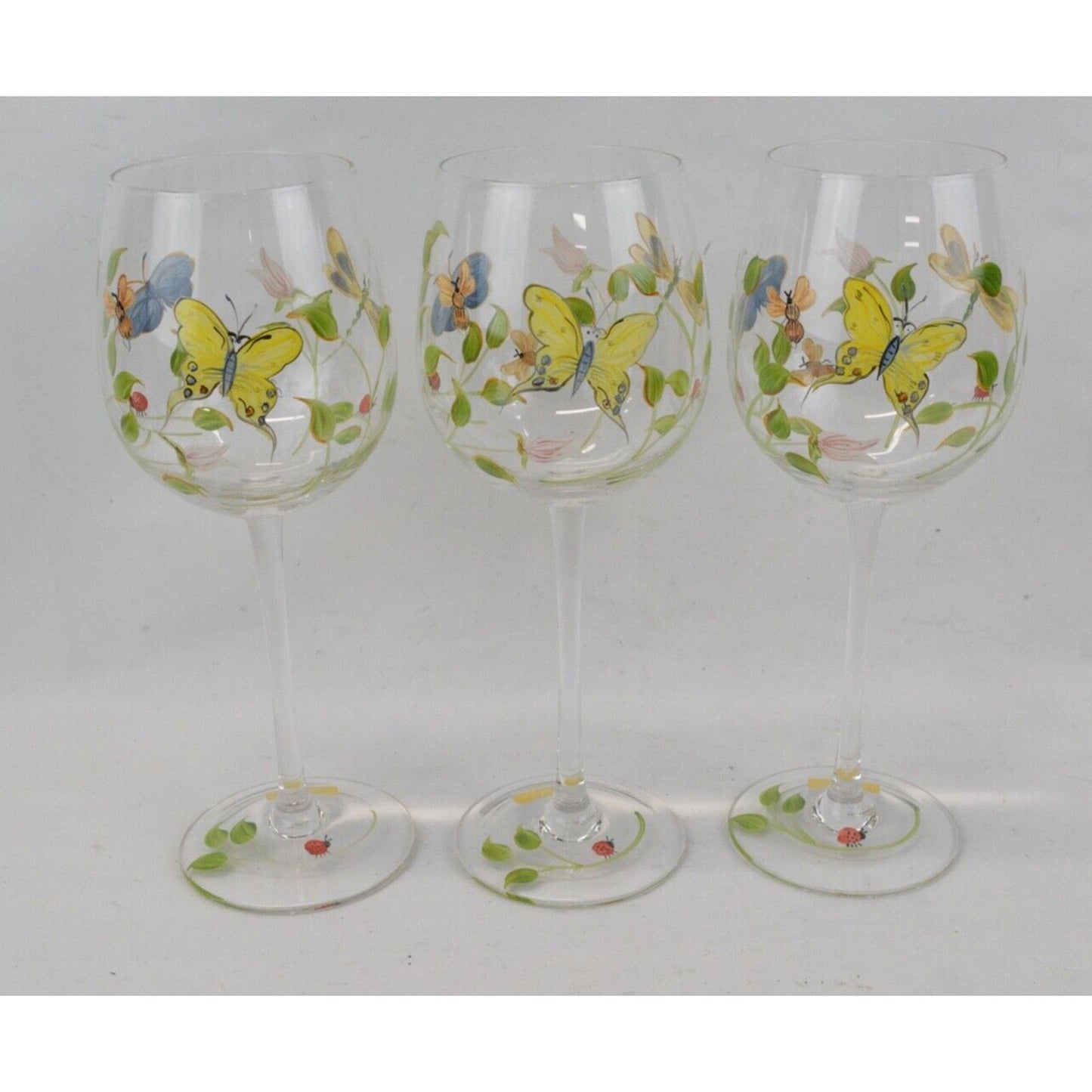 Set Of 3x Lenox Butterfly Meadow Hand Painted Wine Glasses Ladybug Flowers