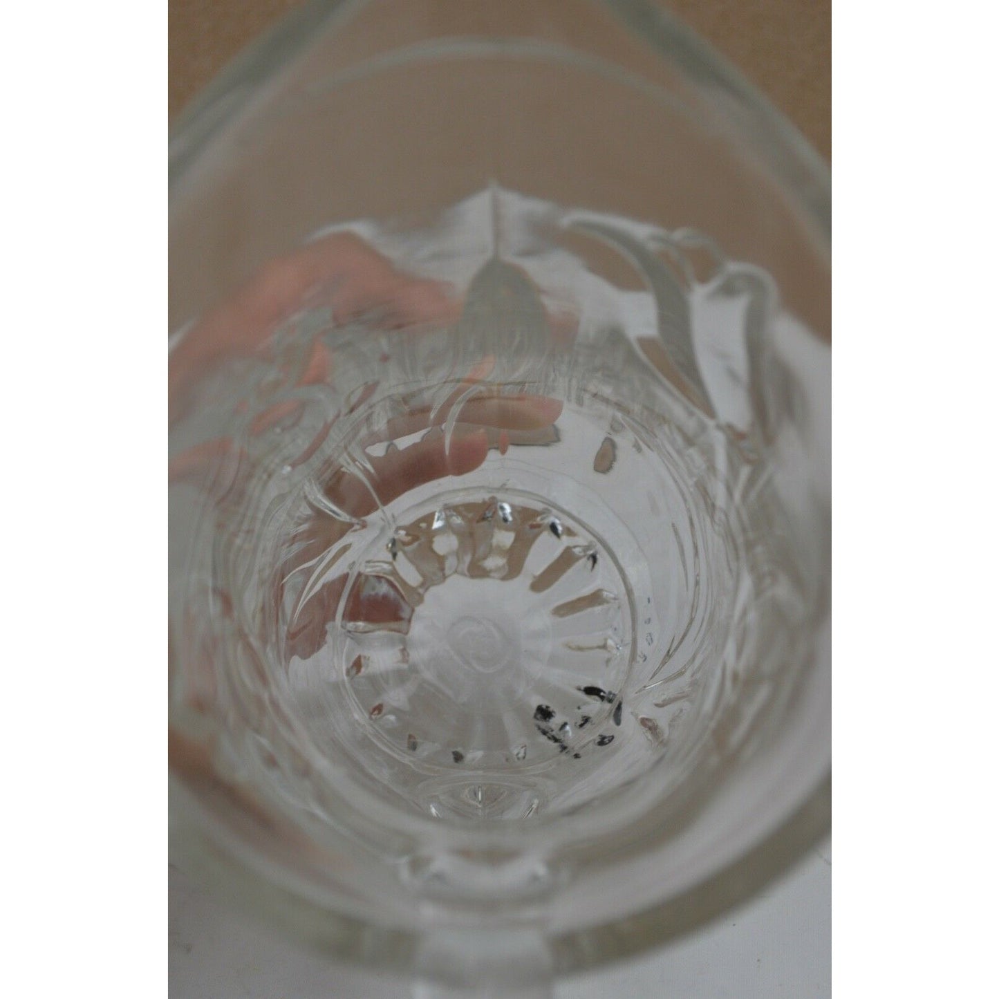 TY Clear Glass Pitcher Tankard Engraved Flowers