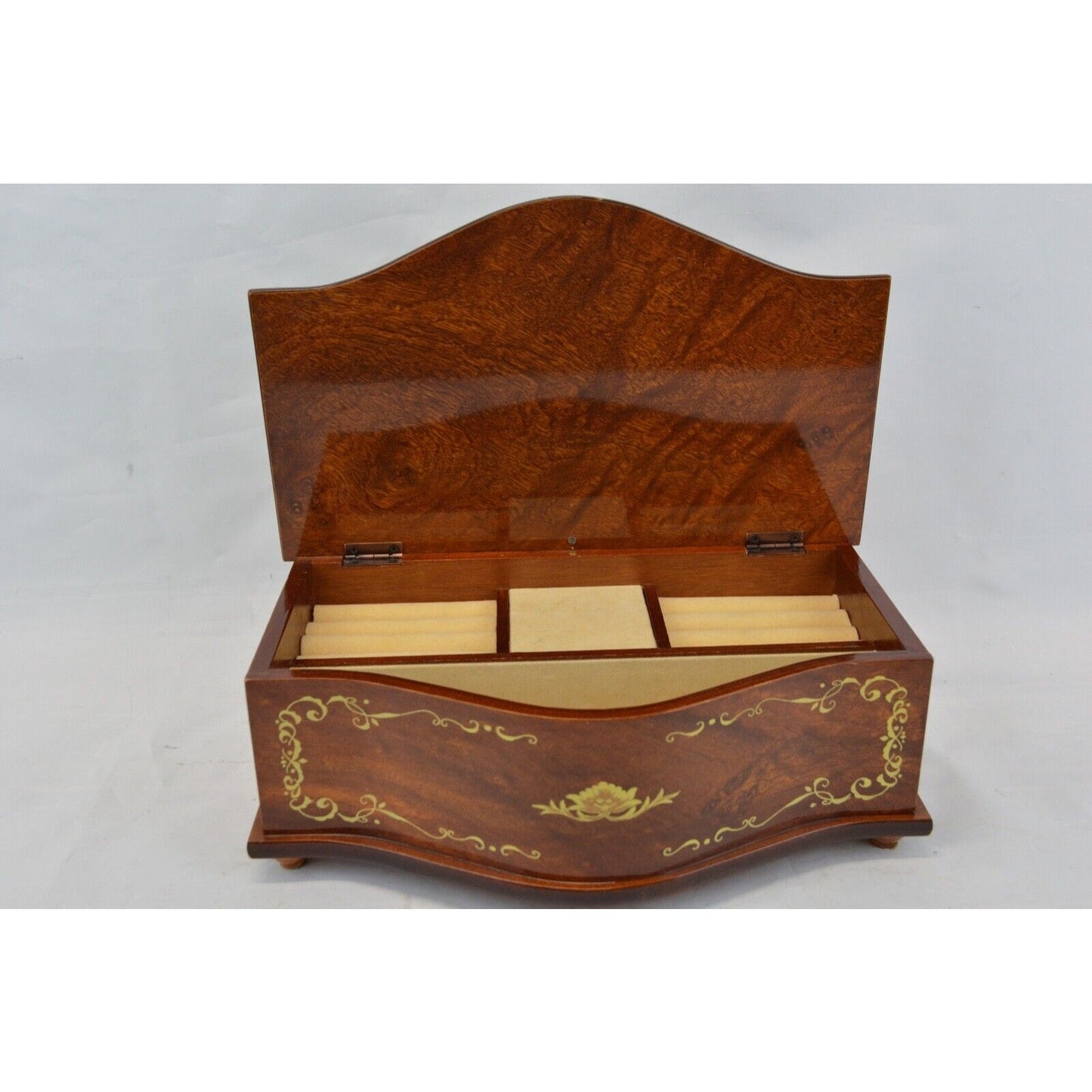 Vintage Wood Marquetry Dresser Jewelry Music Box By Linden w Toyo Movement Japan