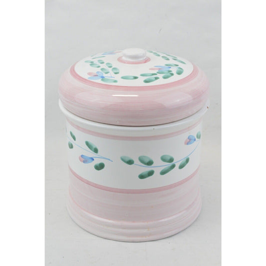 Pink Ceramic Canister Cookie Jar By Caleca Garland Flowers Hand Painted Italy